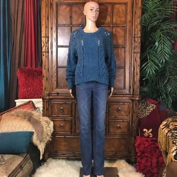 NWOT Cable Stitch Mediterranean Blue Wool Blend Open Weave Sweater - Picture 3 of 12